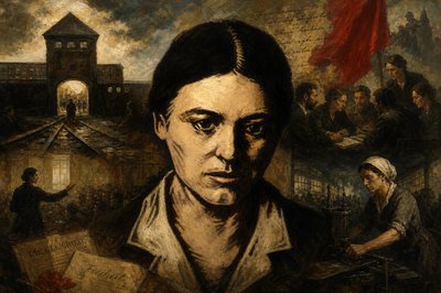 a painting of a woman with a lot of people in the background