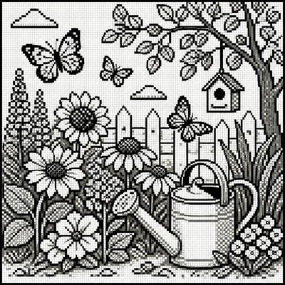a garden scene with butterflies, flowers and a watering can, clean uncolored line art, no text