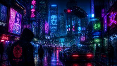 bustling city street panorama at dusk