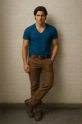 a young man leaning against a brick wall