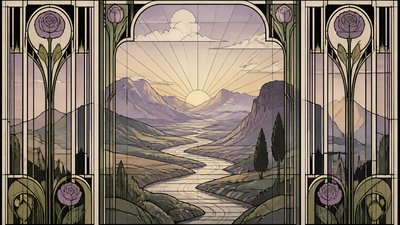 a vast valley with a river winding toward distant mountains at sunrise, no people, no text