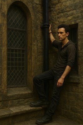 a man leaning against a stone wall next to a window