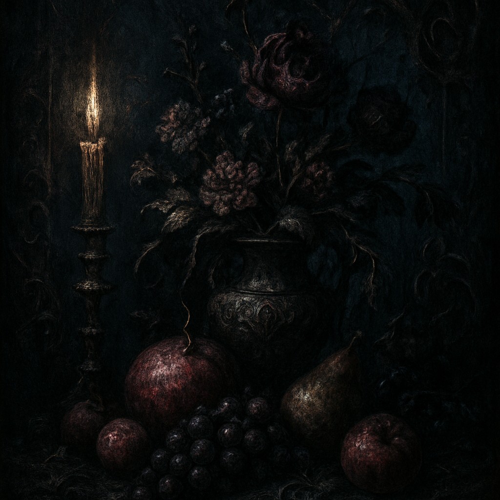 still life arrangement of fruits and flowers
