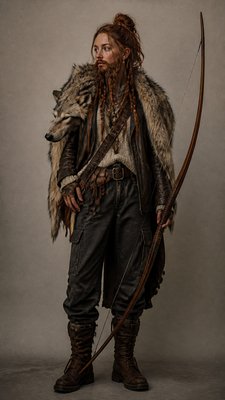 full-body original character: a dwarven ranger with a braided auburn beard, worn leather armor, a longbow and a wolf-pelt cloak, neutral background, no text