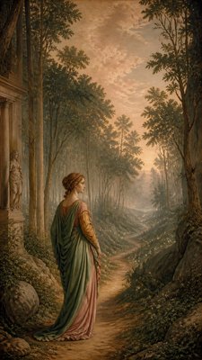 a mysterious forest path with fireflies and drifting mist, atmospheric vertical composition with open space at the top, no text