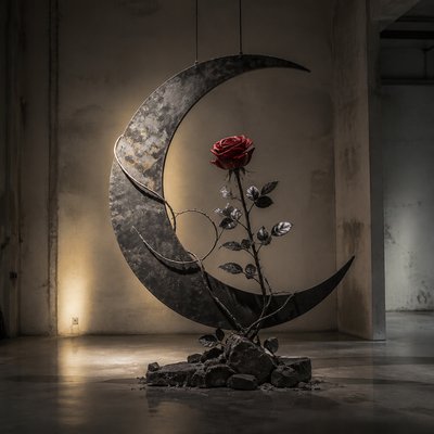 a rose entwined with a crescent moon, clean balanced composition on a plain background, no text