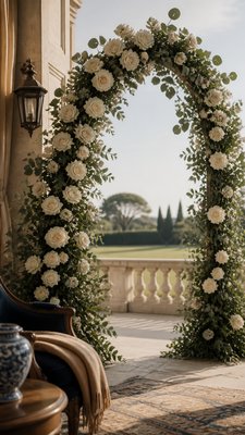 an arch of white roses and eucalyptus in soft morning light, elegant vertical composition with open space, no text
