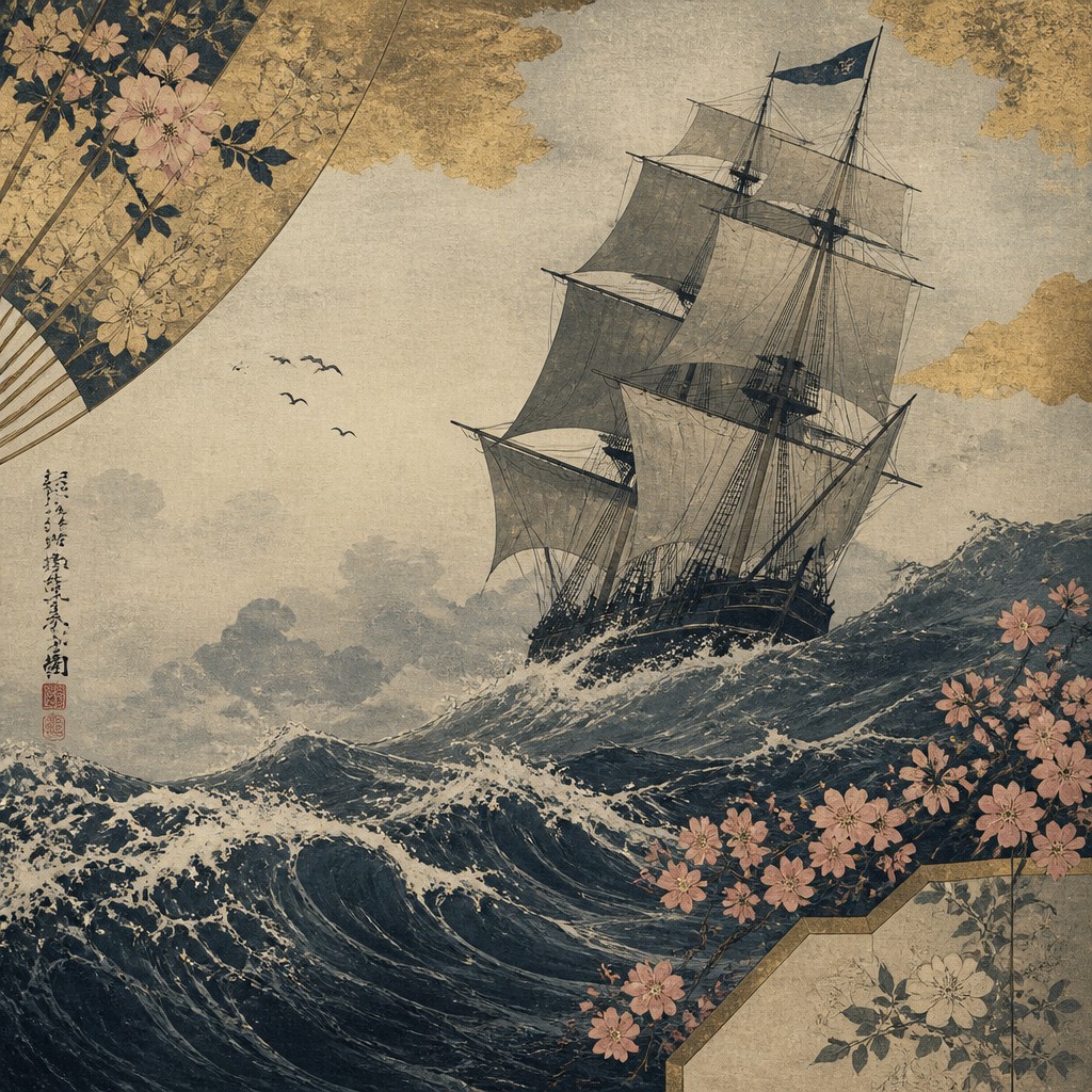 sailing ship on a stormy sea — Japonisme Art Style