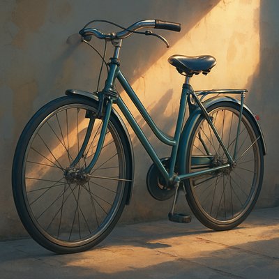 bicyle resting against a wall