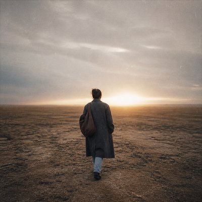 a solitary figure walking toward a glowing horizon across an empty plain, moody atmosphere, no text or lettering