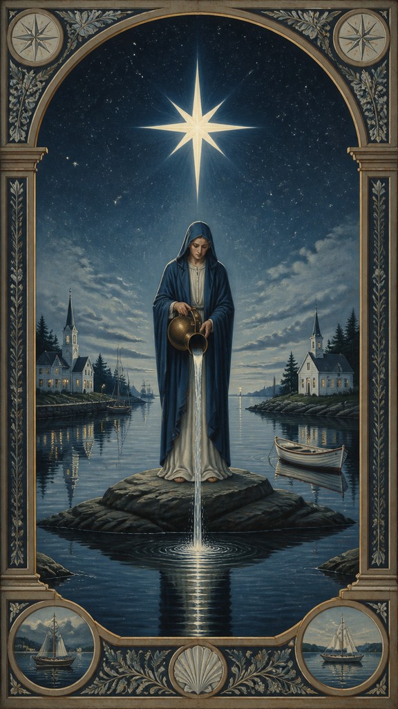 a robed figure pouring water beneath a large eight-pointed star in a night sky, symmetrical composition with an ornate decorative border, no text