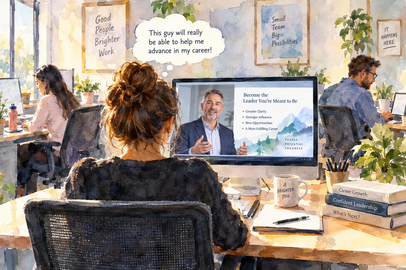 In a small office 3 people sit at desks doing their work. There are 2 women and 1 man. The woman sitting closest to us has her back to us and we can see past her to her large computer monitor, where a professional leadership coach is on the screen showing a slide. "This guy will really be able to help me advance in my career!" is what the woman is thinking. Her coworkers have no clue that she's getting all this help. It's our secret!