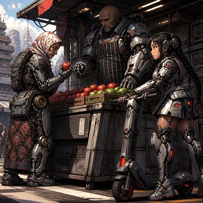 urban market street with three original figures: an elderly woman in a floral headscarf buying apples, a bald vendor in a striped apron behind a fruit stall, and a young girl with braided black hair pushing a scooter
