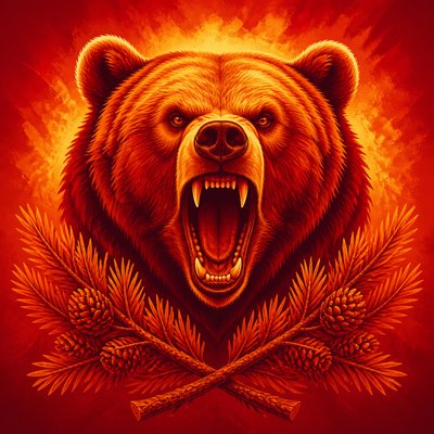 a roaring bear head above crossed pine branches, bold graphic composition on a plain background, no text