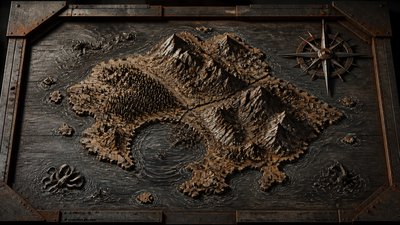 a map of an island realm with mountains, forests, a sheltered bay, sea monsters in the water and a compass rose, no text labels