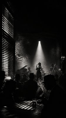 a live music scene with a glowing stage and silhouetted crowd, energetic vertical composition with open space at the top, no text