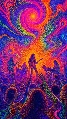 a live music scene with a glowing stage and silhouetted crowd, energetic vertical composition with open space at the top, no text