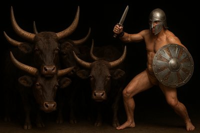 a man in a helmet holding a sword next to two bulls