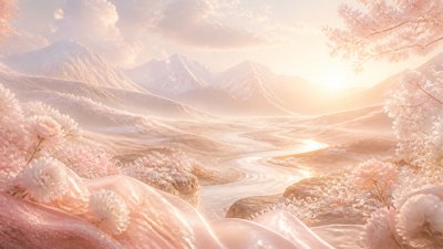 a vast valley with a river winding toward distant mountains at sunrise, no people, no text