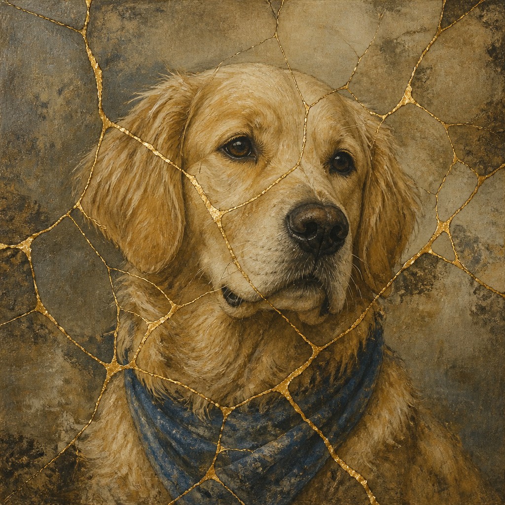 portrait of a golden retriever wearing a blue bandana, warm plain backdrop, no text