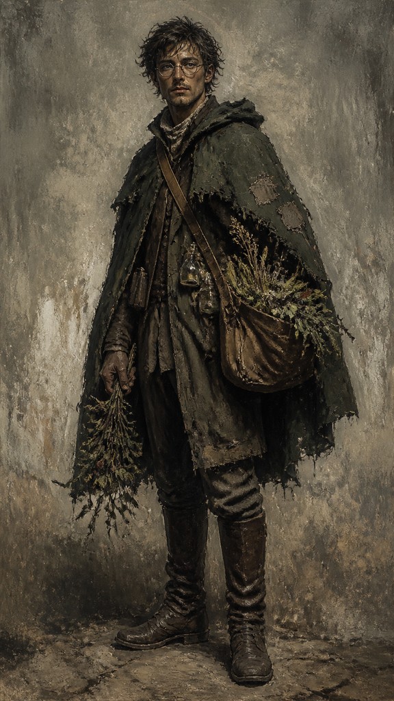 full-body original character: a wandering botanist with a satchel of plants, a patched green cloak, tall boots and round glasses, neutral background