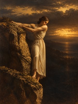 a painting of a woman standing on a cliff