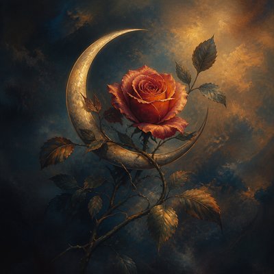 a rose entwined with a crescent moon, clean balanced composition on a plain background, no text