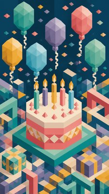 a birthday cake with lit candles surrounded by balloons and confetti, festive vertical composition, no text