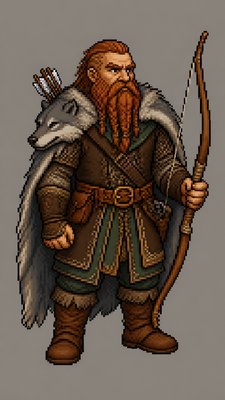 full-body original character: a dwarven ranger with a braided auburn beard, worn leather armor, a longbow and a wolf-pelt cloak, neutral background, no text