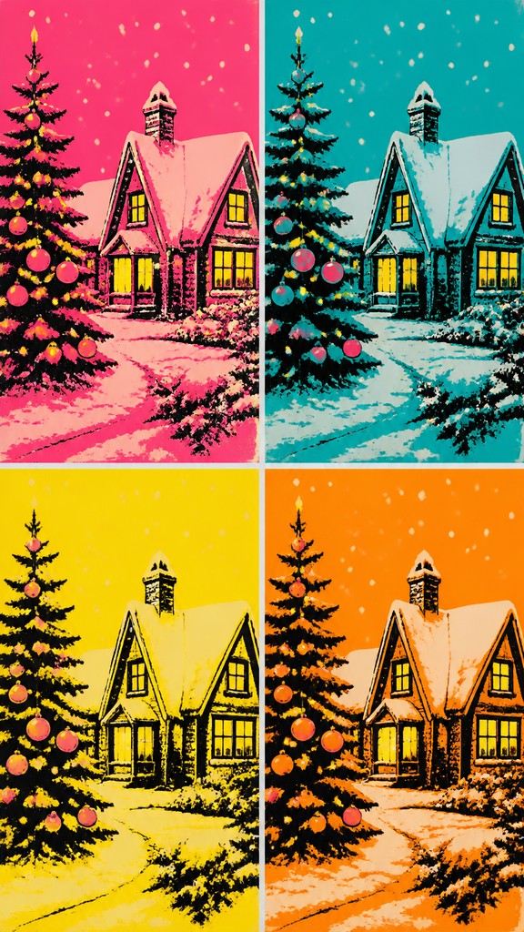 a snow-covered cottage with warm glowing windows beside a decorated pine tree, gentle snowfall, no text