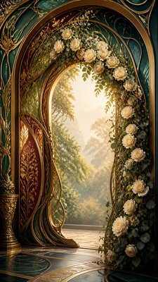 an arch of white roses and eucalyptus in soft morning light, elegant vertical composition with open space, no text