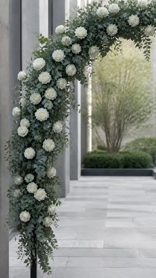 an arch of white roses and eucalyptus in soft morning light, elegant vertical composition with open space, no text