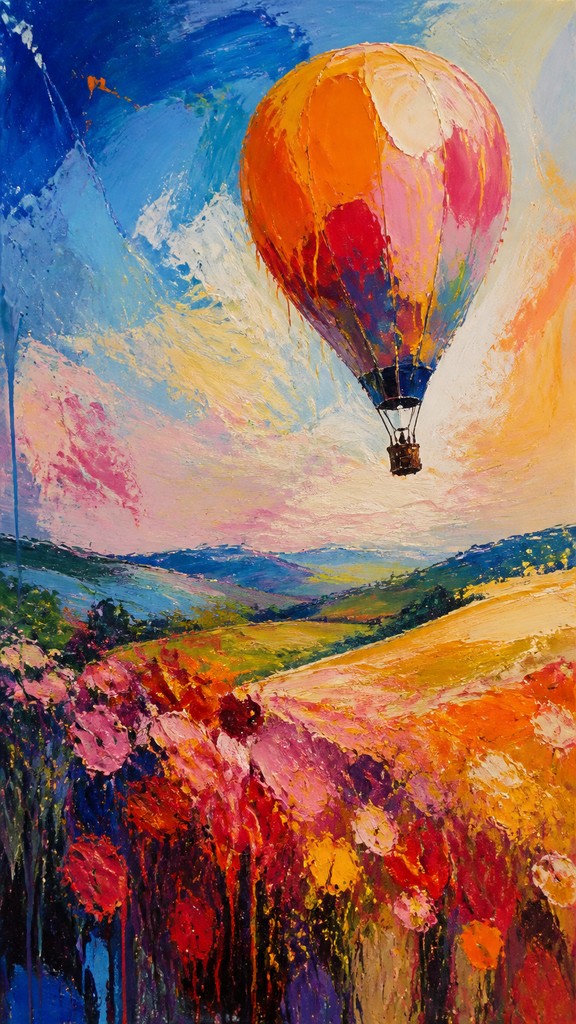 a hot air balloon drifting over rolling flower fields on a sunny day, cheerful, no text
