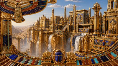 a cliffside city with waterfalls cascading into a misty canyon, wide establishing shot, no people, no text