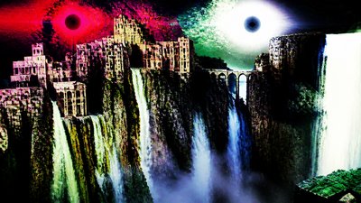 a cliffside city with waterfalls cascading into a misty canyon, wide establishing shot, no people, no text