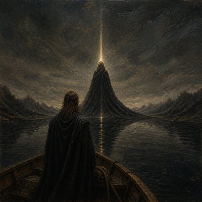 a painting of a man in a boat looking at a mountain
