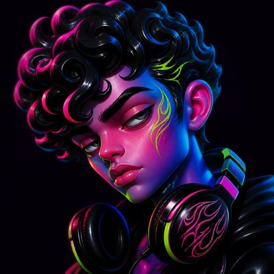 head-and-shoulders portrait of an original character: a young man with curly dark hair and headphones around his neck, plain backdrop, no text