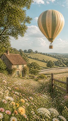 a hot air balloon drifting over rolling flower fields on a sunny day, cheerful, no text