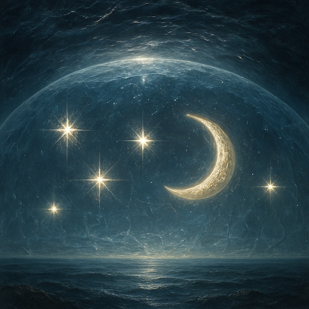 Photorealism Art Style, an incredibly realistic and majestic panoramic depiction of ancient Jewish cosmology for Psalm 8:3. The scene features a vast, immense, and slightly crystalline domed firmament (raqia), appearing as a colossal, translucent barrier stretching high above, separating realms. Above this firmament, immense, dark yet shimmering celestial waters are visibly contained, looking like an actual ocean or body of water suspended in the upper reaches, reflecting an unseen, brilliant divine light from beyond. Large, tangible stars and a realistically textured crescent moon are clearly depicted as radiant, glowing jewels "set into" or embedded within the solid, semi-transparent surface of the firmament, their light realistically illuminating its crystalline structure. Below, hints of foundational earth with discernible "waters below" are visible, all under a profound, ancient sky. Focus on the hyper-realistic textures and luminosity of the crystalline firmament, the visceral reality of the celestial waters above, and the tangible, glowing presence of the embedded moon and stars, creating an image of overwhelming, ancient, and divine majesty.