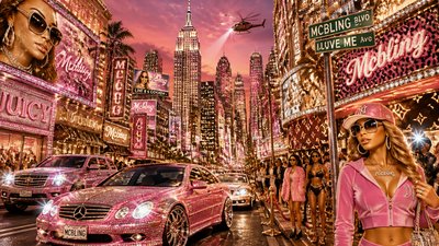 bustling city street panorama at dusk