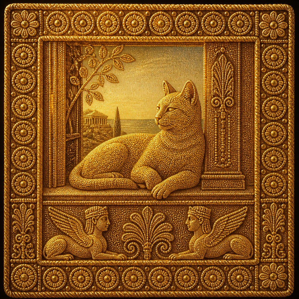 a cat lounging in a sunlit window — Etruscan Granulation Jewelry Style