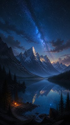 a tranquil mountain lake beneath a starry night sky, no people, no text