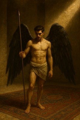 a painting of a man with wings holding a stick
