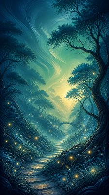 a mysterious forest path with fireflies and drifting mist, atmospheric vertical composition with open space at the top, no text