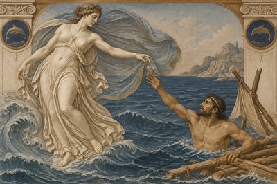 Eno, a minor goddess of the sea. orders ignudi Odysseus to abandon his raft and take hold of her veil