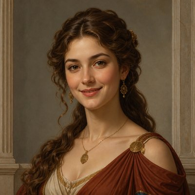 head-and-shoulders portrait of an original character: a young woman with wavy chestnut hair and a warm smile, plain soft backdrop