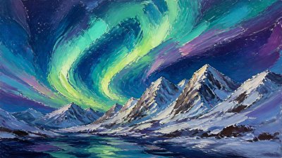 a flowing aurora over snowy peaks, wide sweeping composition, no people, no text