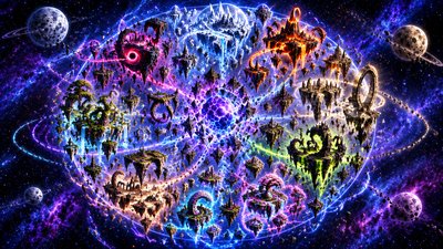 a group of people standing in front of a space filled with stars and planets