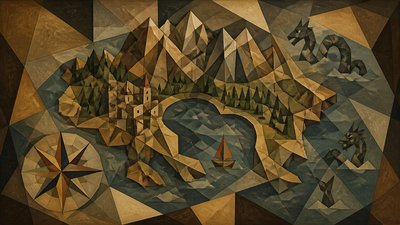 a map of an island realm with mountains, forests, a sheltered bay, sea monsters in the water and a compass rose, no text labels