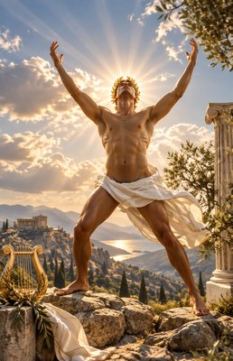 a man standing on top of a rock next to a golden harp